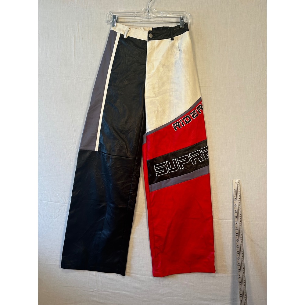 Edge by KS Faux Leather Motocross Wide Leg Pants Colorblock Red Black White S